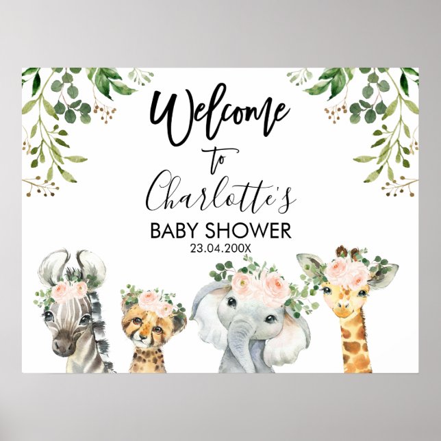 Safari Pink Floral Foliage Baby Shower Welcome Poster (Front)
