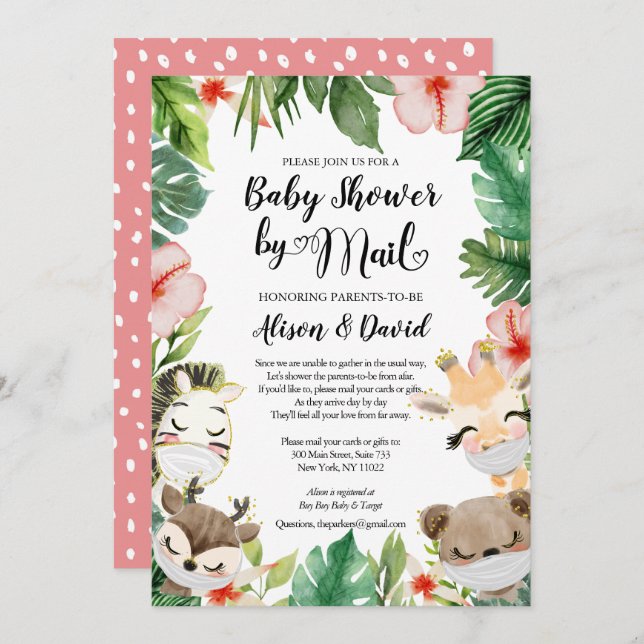 Safari Pink Floral Greenery Girl Shower by Mail In Invitation (Front/Back)