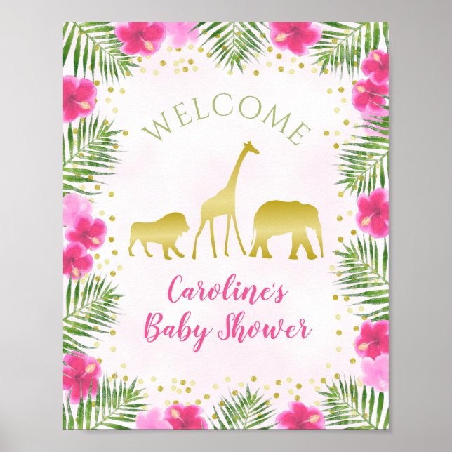 Safari Pink Gold Girl Baby Shower Decor Welcome (Front)