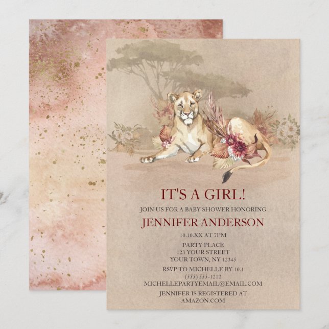 Safari Sahara Savanna Lion GIRL Baby Shower Invitation (Front/Back)