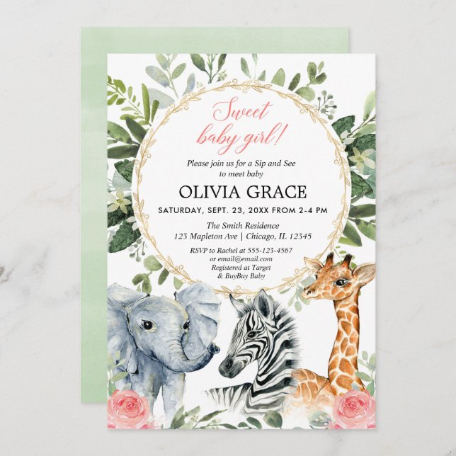 Safari Sip and See, Meet baby girl jungle theme Invitation (Front/Back)
