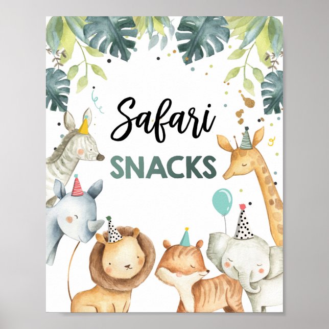 Safari Snacks Wild Animals Boy Birthday Table Sign (Front)