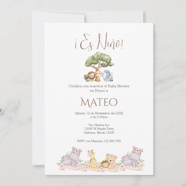 Safari Spanish Baby Shower Boy invitation (Front)