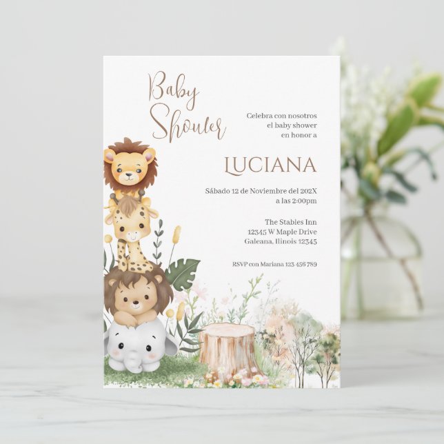 Safari Spanish Baby Shower Girl invitation (Standing Front)