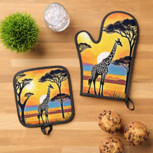 Safari Sunset: Giraffe's Embrace Oven Mitt & Pot Holder Set