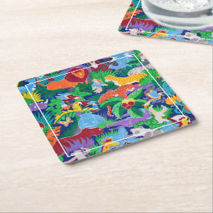 Safari Theme Birthday Rainbow Colourful Party  Square Paper Coaster
