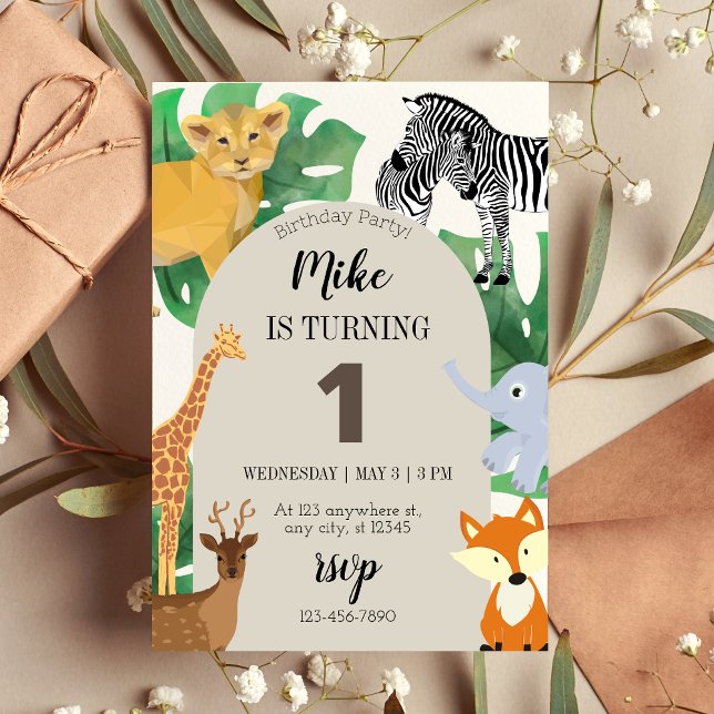 Safari Theme First Birthday Party Invitation (Front)