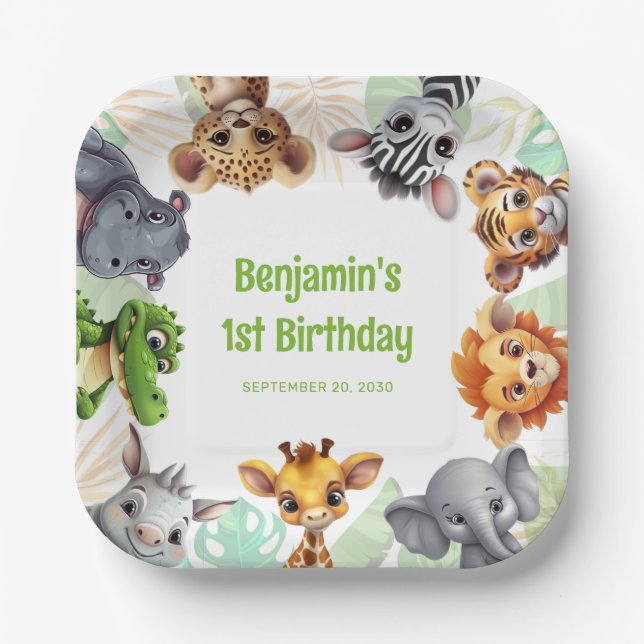 Safari Themed Jungle Animal Child's 1st Birthday Paper Plate (Front)