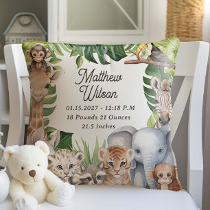 Safari themed nursery birth stats baby animals cushion