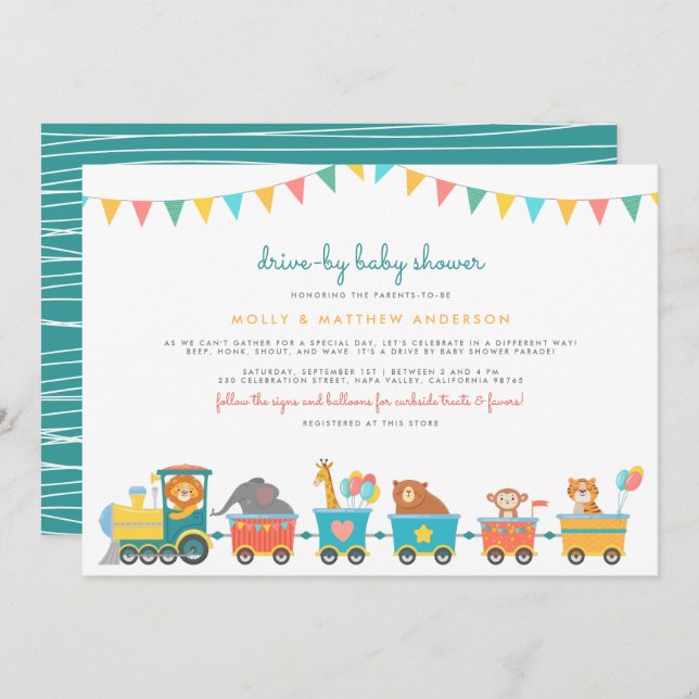 Safari Train & Bunting Cute Drive-By Baby Shower Invitation (Front/Back)