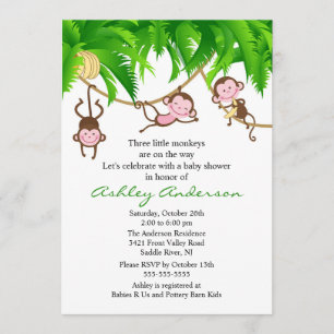 Safari Triplet Monkeys Baby Shower Invitation