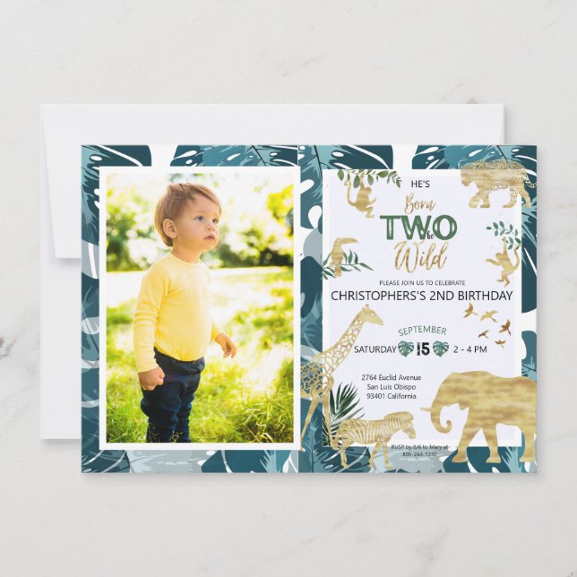 Safari Two Wild Birthday Photo Greenery & Gold Invitation (Front)