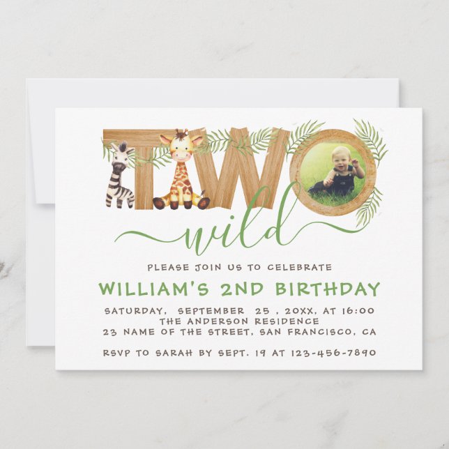 Safari Two Wild Jungle Second Birthday Photo Wood  Invitation (Front)