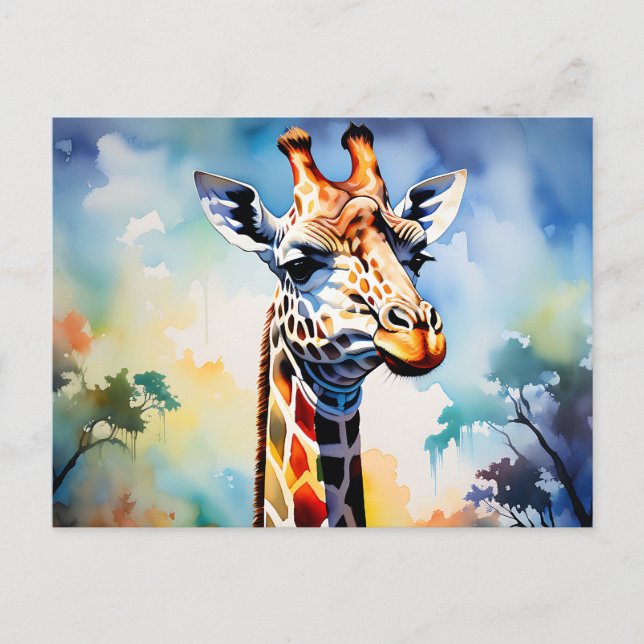Safari  Vibrant Giraffe in Watercolor Postcard (Front)