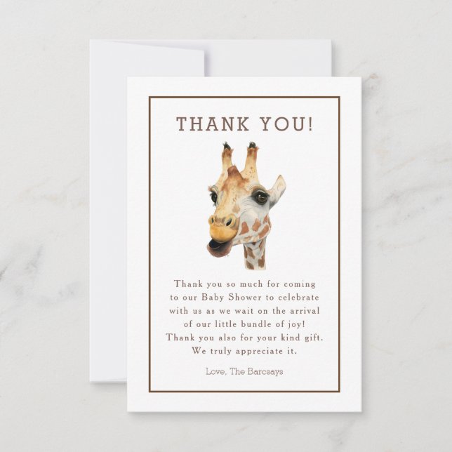 Safari Watercolor Giraffe Baby Shower Thank You (Front)