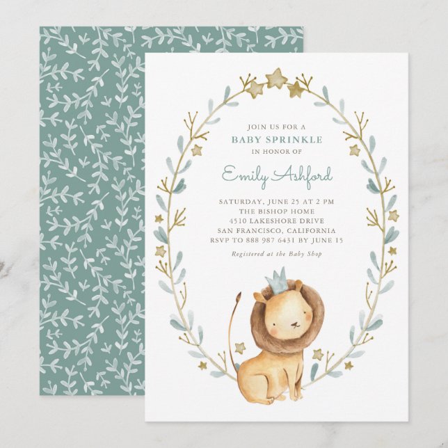 Safari Watercolor Lion Prince Boy Baby Sprinkle Invitation (Front/Back)