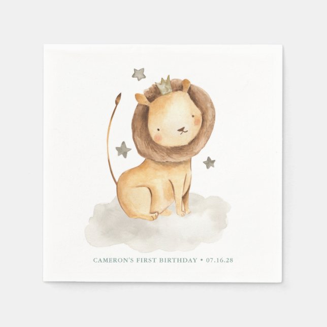 Safari Watercolor Lion Prince Kids Birthday Napkin (Front)