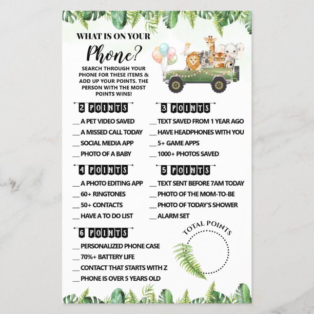 Safari What is on your Phone Baby Shower Game card (Front)