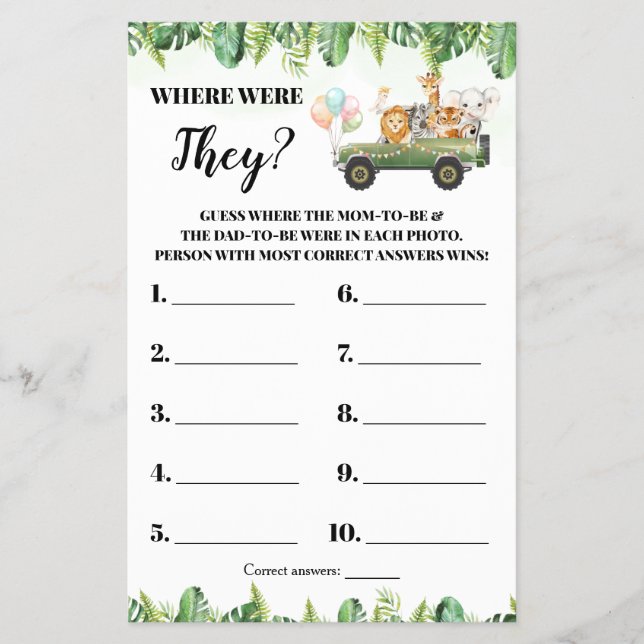 Safari Where were They Baby Shower Game Card (Front)