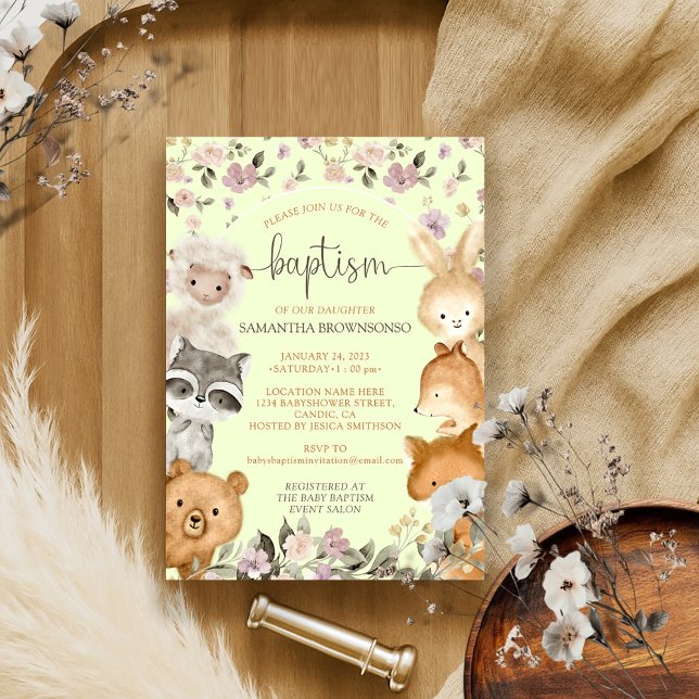 Safari Wild Animal Bear Fox Rabbit Racoon Baptism Invitation (Creator Uploaded)