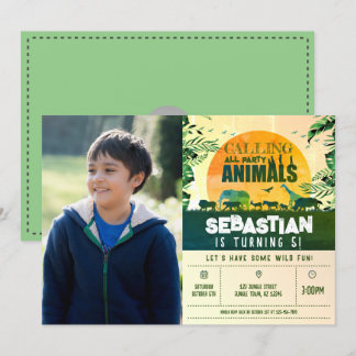Safari Wild Animal Green Kids Photo Birthday Invitation