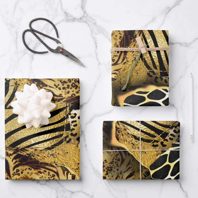 Safari wild animal print gold black African print Wrapping Paper Sheet (Front)