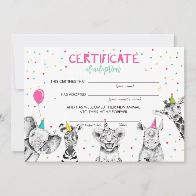 Safari Wild Animals Adoption Certificate Birthday  Invitation (Front)