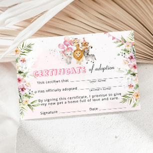 Safari Wild Animals Adoption Certificate Invitation
