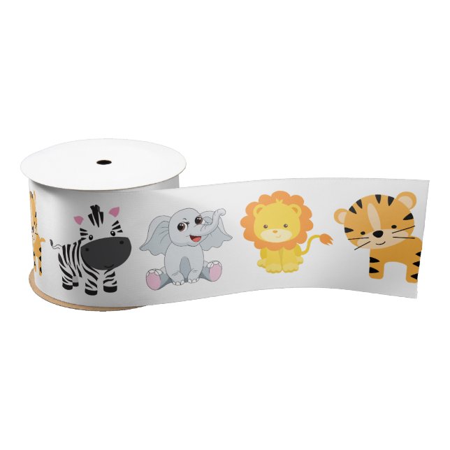 Safari Wild Animals On White Satin Ribbon (Spool)