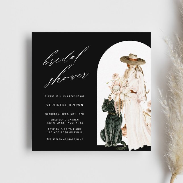 Safari Wild Leopard Boho Lady Bridal Shower Black  Invitation (Creator Uploaded)