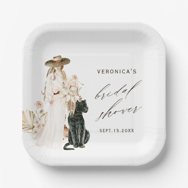 Safari Wild Leopard Boho Lady Bridal Shower Paper Plate (Front)