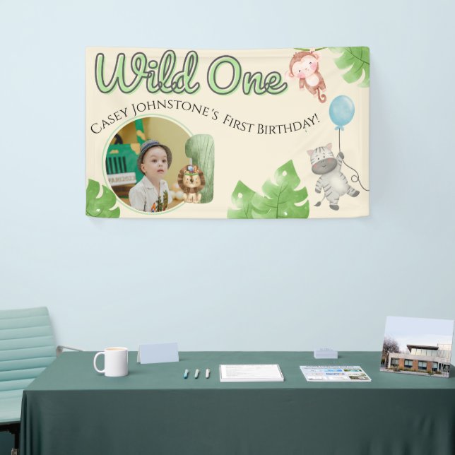 Safari Wild One 1 Photo Watercolor 1st Birthday  Banner (Tradeshow)