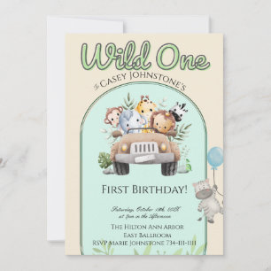 Safari Wild One 1 Photo Watercolor 1st Birthday Invitation