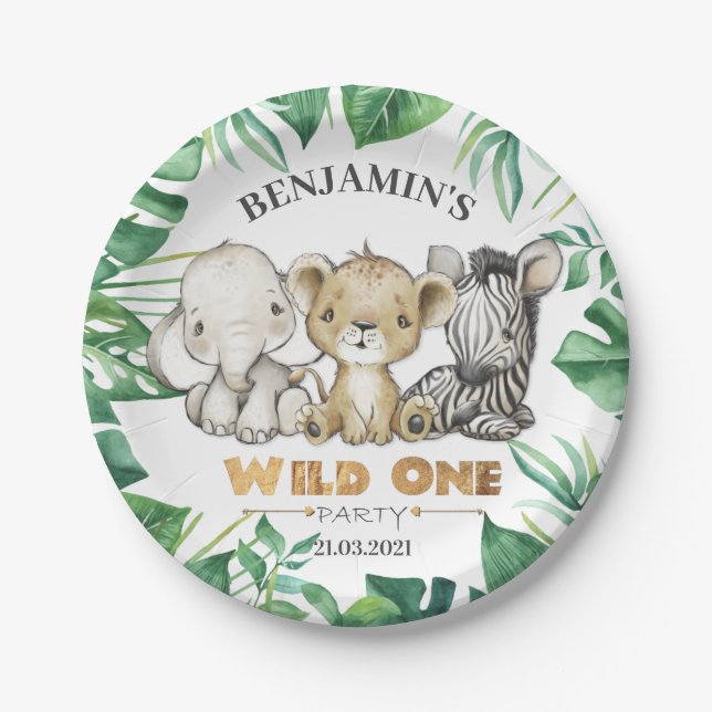 Safari Wild One 1st Birthday Lion Zebra Elephant Paper Plate (Front)