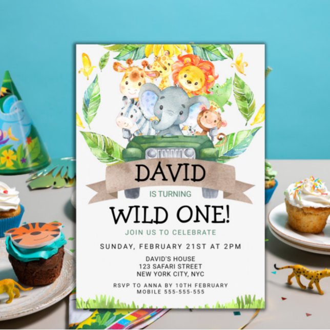 Safari Wild One 1st Birthday Party Invitation (Wild One Birthday Party 1st Birthday Safari Animals Jungle themed party for boys template cute)