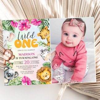 Safari Wild One 1st Girl Birthday Photo Invitation