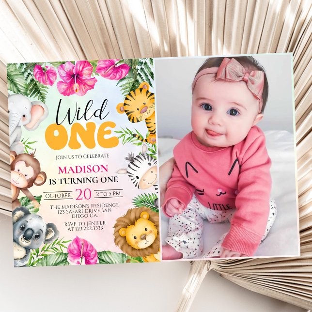 Safari Wild One 1st Girl Birthday Photo Invitation (Creator Uploaded)
