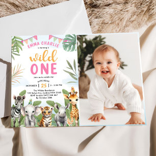 Safari Wild One 1st Girl Birthday Photo Invitation