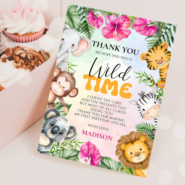 Safari Wild One 1st Girl Birthday Thank You Card (Creator Uploaded)