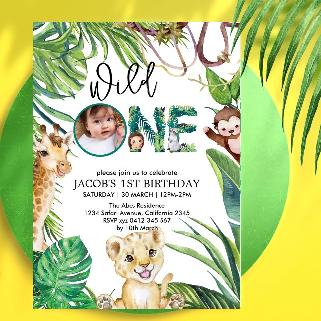 Safari Wild One Animal Jungle Photo 1st Birthday Invitation (Creator Uploaded)