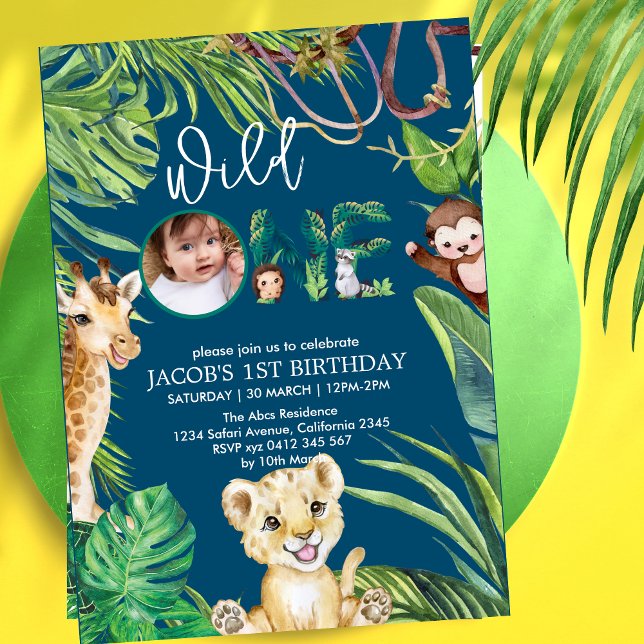 Safari Wild One Animal Jungle Photo 1st Birthday Invitation (Creator Uploaded)
