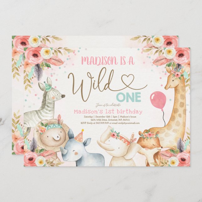 Safari Wild One Birthday Invitation Boho Wild One (Front/Back)
