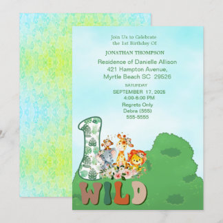 Safari Wild One Blue Green Birthday Party Invitation