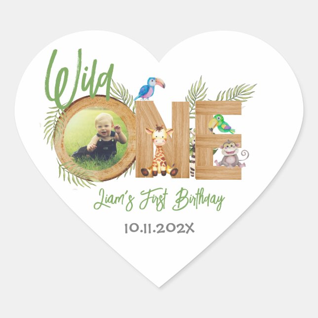 Safari Wild One First Birthday Photo Animals Wood  Heart Sticker (Front)