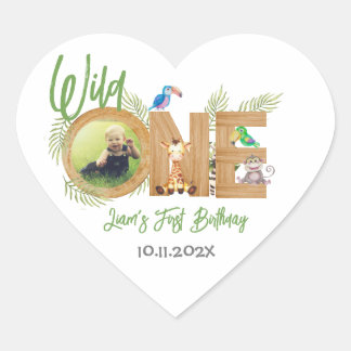 Safari Wild One First Birthday Photo Animals Wood  Heart Sticker