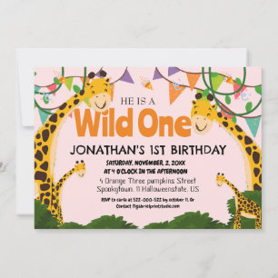 Safari Wild one Giraffe Simple First Birthday Baby Invitation