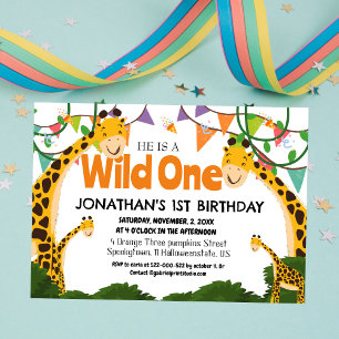 Safari Wild one Giraffe Simple First Birthday Baby Invitation