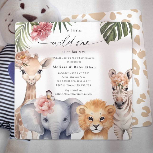 Safari Wild One is on Her Way Baby Girl Shower Invitation (Wild One Safari Baby Animals, Baby Girl Shower. A wild One is on Her way, A Cute Baby Shower invite.)