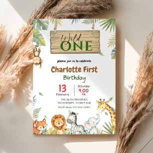 Safari Wild One   Jungle Animal Babys 1st Birthday Invitation