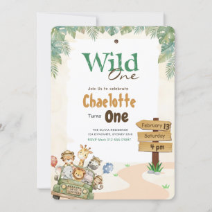 Safari Wild One   Jungle Animal Kids 1st Birthday Invitation